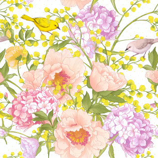 there is a floral pattern with birds and flowers on it, delicate garden on paper, garden flowers pattern, floral renewal, pastel flowery background, seamless pattern design, highly detailed pattern, neon floral pattern, pink yellow flowers, with colorful flowers and plants, dreamy floral background, floral dream, floral pattern, flowery wallpaper, penned with thin colors on white, hand drawn illustration