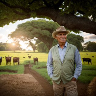 a man standing in front of a large tree in a field with cows in the background, white man of 78 years, hair cut, gray hair, with village, in the field, beautiful surroundings, 78 years old Brazilian father, pastoral, on a farm, rural, with horse led, agricultural lands, Amazonian indigenous peoples in Brazil, profile image, farmer, men and cattle,  Ultra realistic, intricate, 4K details