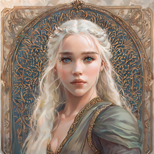 A young woman in her early teens, Daenerys has the classical Valyrian look; She has violet eyes, pale skin, and long, pale silver-gold hair. Daenerys is slender in frame, with small breasts. she is said to resemble Queen Naerys Targaryen, though Daenerys is taller and stronger. Daenerys has been described as fair,[ and beautiful.