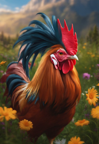 anthro rooster?adolable?shaggy?Cartoony?In the meadow?There are flowers?Gorgeous hair