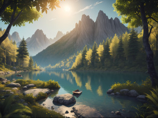 obra maestra, La mejor calidad, alta calidad, fondo de pantalla CG unificado 8k extremadamente detallado, Vasta y tranquila taiga que se extiende hasta el horizonte, lush greenery harmoniously gathered together, fresh breeze whispering through the leaves, Mountainous landscape with cabin on the lake, creando impresionantes paisajes tranquilos, Bokeh, profundidad de campo, HDR, sano, chromatic aberration, realismo, muy detallado, tendencias en Artstation, tendencias en CGSociety, intrincado, High detail, dramatic, Arte por Midjourney --v6