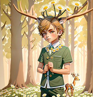 Anthropomorphic boy deer, Boy fawn, boy with deer antlers, boy with deer ears, boy with deer tail, standing against the background of a forest, around a pine tree, standing in a field of daisies, many daisies, daisies, 777