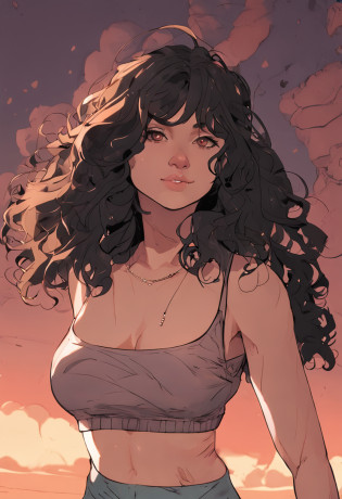 masterpiece, high quality, fine detail, young woman with beautiful face and short curly black hair, small breasts, flat chest, black tank top, midriff, light brown eyes, shallow belly button, laying in bed, alluring stare, extremely detailed belly button, flat tummy, perfect stomach, she is showing off her flat belly