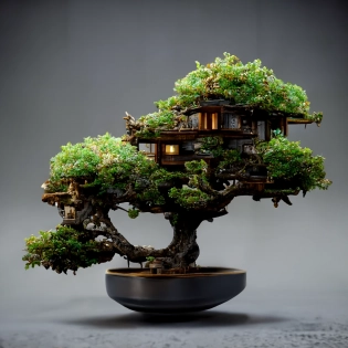 octane render of a bonsai with a tree house, finely detailed, hd, 8k