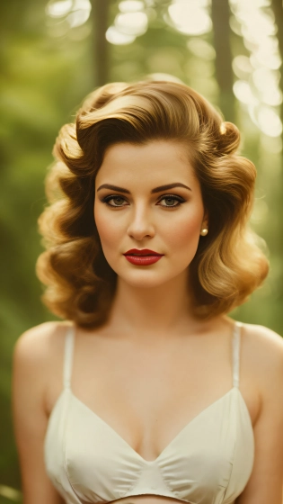 arafed woman with a white bra top and a forest background, retro and ethereal, soft vintage glow, up face with 1 9 2 0 s hairstyle, 1 9 4 0 s haircut, vintage makeup, gorgeous portrait, tousled medium length hair, short golden curls, wavy shoulder-length hair, rockabilly hair, wavy hairstyle, stunning portrait, old hollywood themed