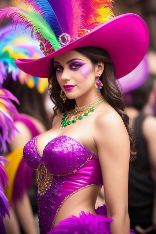 woman attending mardi gras, bright expressive colors, gorgeous, attractive, flirting, (((full body visible))), looking at viewer, portrait, photography, detailed skin, realistic, photo-realistic, 8k, highly detailed, full length frame, High detail RAW color art, piercing, diffused soft lighting, shallow depth of field, sharp focus, hyperrealism, cinematic lighting