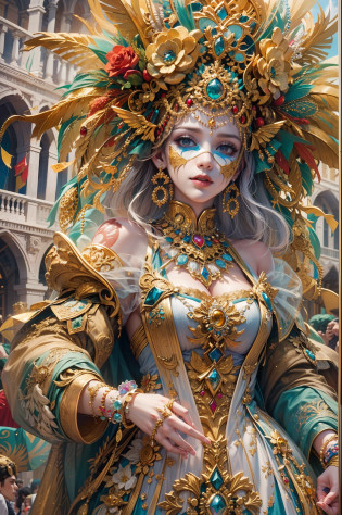 (Masterpiece, Best Quality, Hyperdetailed, Colorful), the enchanting world of the Venice Carnival. Envision a woman character elegantly dressed in a resplendent costume, a harmonious blend of colors, textures, and traditional Venetian motifs. Her white bauta mask conceals her identity, and she stands amidst a sea of similarly adorned carnival-goers. The scene is alive with the opulence and extravagance of the carnival, making it a feast for the eyes. Intricate details, high_res