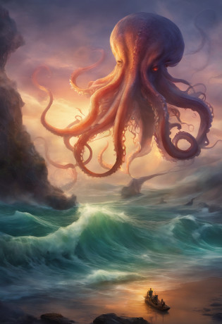 polvo atacando um navio no oceano com um navio ao fundo, An album cover by Lovecraft, Shutterstock, Surrealismo, Lula de Cthulhu, mixture of tentacle creatures, Cthulhu subindo do oceano, foto de cthulhu, leviathan cthulhu squid, Cthulu, Criatura marinha lovecraftiana, Polvo Gigante, fenda, cephalopod, Mitos de Cthulhu, tentacle monster