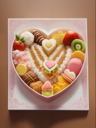 (((best quality))), ((super detailed))), (((masterpiece))), illustration, a super cute heart-shaped bento box with rice bears and rabbits, carefully arranged fruit and vegetable garlands, small and delicate desserts, and the words 