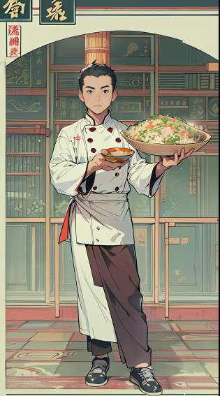 In a live broadcast room?A male chef dressed in chef's costume stands in front of the kitchen?Hold a shining wok in hand?On top stir-fried a mouth-watering Supreme Emperor fried rice?Best quality?Masterpiece level?super detailing?Highly delicate?