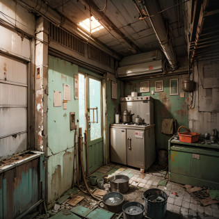Abandoned house, kitchen, pot, Dojunkai apartment Surreal and very detailed illustrations, images with objects very loaded, viewpoint from below, dirty cement stairs with cracks, trash cans, metal walls, cables, poles, rusty pipes, wall pipes, electricity meters, gray and dark walls, empty boxes, old paper on the floor, damaged wall paint, metal and rusty scrap, mechanical parts (rusty, brown), dim lighting, very dark landscape shadows, red and green neon lights, moisture, wooden, entrance, evening, toys, cute, lots of green empty bottles, tableware, refrigerator --auto --s2