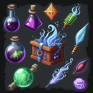 video games icons, 2d icons, rpg skills icons, world of warcraft items icons, league of legends items icons, ability icon, fantasy, potions, spells, objects, flowers, gems, swords, axe, hammer, fire, ice, arcane, shiny object, graphic design, high contrast, artstation --uplight --v 4