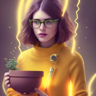 woman with brown hair, with glasses, holding a pot with a plant, humanoid genie, blurred environment background, magic effects, portrait, yellow sweter, sharp focus, digital art, single subject, concept art, post processed, dynamic lighting, by emylie boivin and rossdraws, ultra detailed