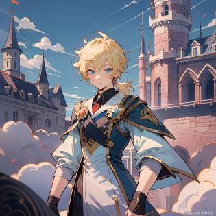 A boy, a prince, blond hair, blue lock, blue eyes, thin, royal dress, with a sword, hair with a low ponytail, in front of a castle, anime style, 2d, genshin impact style, anemo, high quality, manga--Counterfeit-V3.0