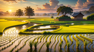 The scenery of the rice fields always gives people a sense of calm and spaciousness, as if soothing the softness of the depths of the soul. On an early morning, the breeze blows and the ears of rice in the rice fields glow golden yellow in the sun, which is a beautiful start.

The ears of rice in the rice fields rise high and sway in the wind, like patches of golden ocean, choppy waves. Under the sunlight, the rice ears feel as dazzling as gold, giving off an intoxicating aroma that makes people feel incomparably beautiful.

In the rice fields, countless farmers are busy working, walking around the fields with hoes, shovels or large baskets on their backs. They worked hard, sweat rolling down their foreheads, stirring up circles of ripples.

There is a small stream in the rice field, the water is clear and transparent, the water is gurgling, quiet and wonderful. By the stream, the lush reeds and weeping willows gently sway, seemingly bringing a sense of vitality and vitality to the stream.

As the sun sets, the ears of rice in the rice fields keep rubbing with the evening breeze, making a rustling sound. In this calm atmosphere, the birds in the rice fields sing nocturnes and the calls of cicadas are heard, giving a sense of tranquility.

As night falls, the scene in the rice fields becomes even more beautiful. In the darkness, the ears of rice stand in the wind, like patches of black ocean, exuding a mysterious aura. In the middle of the rice field, the lights of the farm flicker among the ears of rice, creating a romantic atmosphere for the entire rice field.

In short, the scenery of the rice fields is always full of vitality and beauty of life. Here, you can feel the gift of nature and the essence of life, which makes people feel