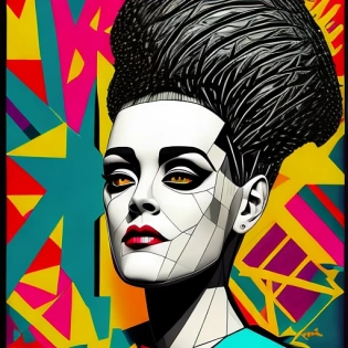geometric abstract portrait of Bride of Frankenstein, bright vibrant colorful, shepard fairey --aspect 3:6