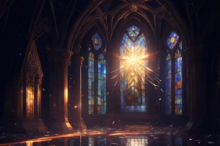 decrepit long forgotten ancient cathedral| stain glass window being [(shattered:1. 3)| (crashed:1. 3)]| god rays pouring through a hole| small sharp pieces of glass flying through the air| raytracing| rtx| reflections| unreal| octane| 4k| 8k| volumetric lighting