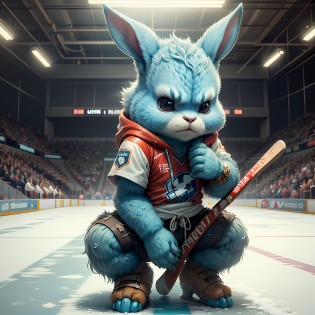 create an ultra realistic Sasquatch team of cute cyan skinny rabbit-looking cyan, each of them holding a hockey stick, rabbit ears hockey uniform on the 3-foot-tall hockey court, snowing environment --auto