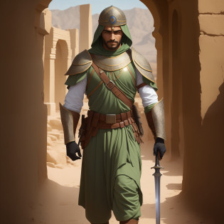Step into the world of valor and courage with a captivating prompt featuring an Arab soldier wielding a gleaming sword. This evocative image depicts the soldier in the midst of an epic battle, standing tall and resolute. Clad in traditional armor that reflects the rich history and culture of the Arab region, the soldier exudes an aura of strength and determination.

The sword, held firmly in the soldier's hand, catches the light and glints with a sense of purpose. Its blade, carefully crafted with intricate details, symbolizes the soldier's unwavering commitment to protect and defend. With a backdrop of desert landscapes or ancient ruins, this scene immerses you in the timeless heritage of the Arab warriors.