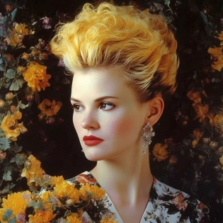 beautiful woman from 1985, portrait, ((no text)), punk, 1985 hairstyle, big hair, 1980's make up , standing in a garden bursting with flowers, amazing, stunning, intricate, elegant, highly detailed, Paulina G�ra, Rachel Ruysch