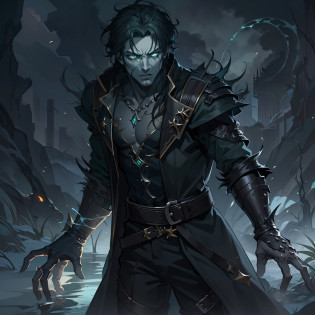 A beautiful human and handsome man A villain for RPG A poisonous and venomous villain He is in a swamp with many magical gases and black magic A dark forest This man is handsome and has eyes like a reptile's He is from a cold-blooded tribe A dark and gloomy place illustrating the image and a dark and cold look this man is handsome, but an image that represents his poisonous essence with a few traces of green in his costume on this character to illustrate An art for RPG A character for RPG A villain RPG RPG Medieval RPG Art RPG fantasy RPG an illustration for RPG A digital art with cinematic lights and green smoke