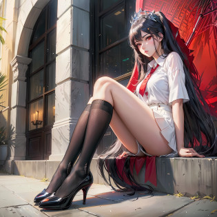 Alafi sat on the bench?Holding a red umbrella and black stockings, Guweiz, beautiful alluring anime woman, seductive anime girl, artwork in the style of guweiz, beautiful anime girl, beautiful anime girl squatting, the anime girl is crouching, trending on cgstation, guweiz masterpiece, beautiful anime woman?red high heels