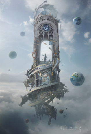 There is a clock tower in the sky with many different objects, surrealist concept art, intricate epic compositions, fantasy surrealism, extravagant matte paintings, highly detailed surreal visual effects, surreal + highly detailed, surreal 3D rendering, fantastic surrealism, surrealist matte paintings, fantasy architecture, exquisite matte paintings, surrealist digital artworks, complex matte paintings, surrealist designs, surrealist 8k planet magnification, Twenty changed to one