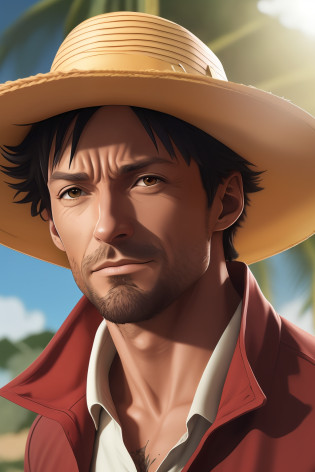 Hugh Jackman como Luffy (one piece), straw hat, efeito VHS, (poster: 1.6), Cartaz de Wanted Dead or Alive na parede, Modelo de cartaz oeste selvagem,, Luffy tem cabelos pretos desgrenhados, round black eyes and a thin muscle build. He is renowned for his trademark straw hat, which was lent to him when he was young by the legendary pirate captain, 