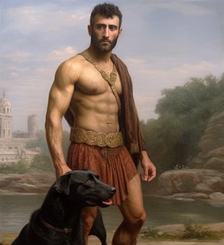 Ultra - Wide Angle - Pull the camera very far back from subject, ANCIENT ROME BACKGROUND, gladiator, ancient roman man, show legs, intensely muscular, handsome man, standing, a dog is by his side, perfect dog, he wears a loin cloth, perfect eyes, perfect face, sharpen, brilliant colors, orientalist, intricate, by William Blake Richmond, john william waterhouse and edwin longsden long and theodore ralli, cinematic, hyper realism, dramatic lighting, photo - realistic, high detail