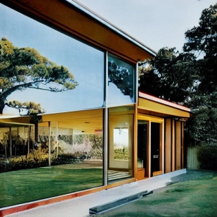 hyper realistic eye level exterior photo of a mid century modern style house overlooking the ocean, daylight, indirect lighting, AD magazine, Frank Lloyd, Eames, Mies van der Rohe