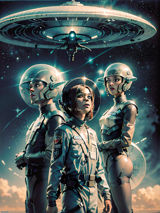Three Aliens looking up, ((Three Aliens looking up)), Aliens, Extraterrestrials, Outer Limits, Twilight Zone, Lost in Space, Forbidden Planet, Mel Hunter, Vincent Di Fate, Ed Valigursky, extraterrestrial biological entity, ((extraterrestrial biological entity)), UFO, flying disc, flying saucer