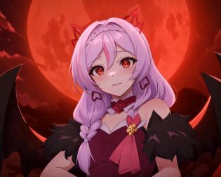 <lora:e7 Abigail:0.75> e7 Abigail with her wings, dynamic shot, under a red moon, 
(masterpiece),  best quality, highres, 4k, 8k, Detailed Illustration, intricate detail, cinematic lighting, amazing quality, 1girl, fit female, amazing shading, soft lighting, facing camera, perfect eyes,