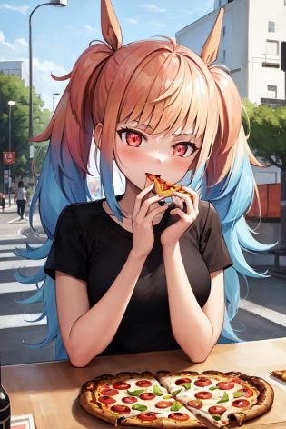 masterpiece, best quality, absurdres, perfect anatomy, 1girl, solo, ShivaPSO, long hair, twintails, t-shirt, eating, table, upper body, pizza, happy, lamp, outdoors, street, lamppost, <lora:Shiva-06:1>