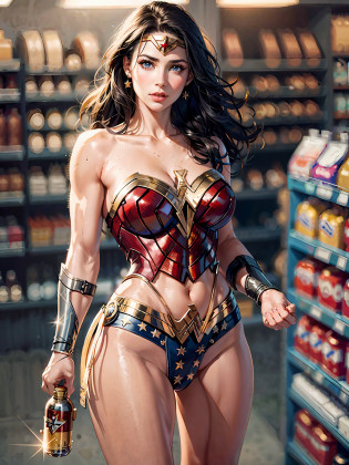 Wonder Woman holding a beer bottle, Masterpiece, Candid Photo, Wonder Woman, (delicate details, makeup), (delicate and beautiful delicate face, delicate and beautiful delicate eyes, face with perfect proportions), (delicate and radiant skin: 1.2), delicate skin, strong and realistic blue eyes, realistic black hair, lips, makeup, natural skin texture, tiara, jewelry, star \(symbol\), leotard, bulletproof gauntlet, red combat boots, golden belt, (public attire: 1.5), bare shoulders,  Slightly sunburned, mature, sexy, elastic muscles, (muscles: 1.2), ((strong and healthy body)), (more) muscles))), long legs, curves, (big breasts: 1.3), thin waist, soft waist, (delicate skin), (beautiful and sexy woman), (swollen lips: 0.9), (eyelashes: 1.2), (skin hollows), very delicate muscles, breasts, solo, split, pretty face, perfect body, muscular, detailed face, realistic skin details, clear focus,  Realistic face, realistic skin, detailed eyes, detailed facial features, (in colorful supermarket), despair, tired, open mouth, mature woman, high detail, very detailed, retro,