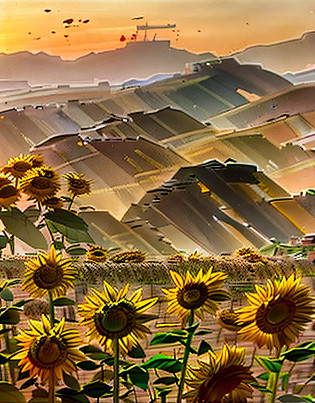 Arafeld sunflower field?The background is a city, Sunflower field, scene : Sunflower field, scene: Sunflower field, beijing, beautiful fine sky, sunflower fields, golden hour in beijing, Beautiful image, author?Shen Zhecai, sunflowers in the background, colours : yellow sunflowers, colours: yellow sunflowers, himawari, an aesthetic field of flowers