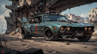 Create a cinematic, filmic image 4k, 8k with [George Miller's Mad Max style]. The image should be captured in a [wide-angle view] and depict [single] a [post-apocalyptic]  V8 [muscle car]. The car's paint is a [black] covered in a spots of [rust] and thin layer of smooth [dust] and [dirt], making it appear [rugged] and [gritty] but with visible [black color]
The car's body should be [sleek] and [aerodynamic], giving it a [low] and [aggressive] stance that conveys [power] and [speed]. The front of the car should feature a [distinctive] front nose cone with [rectangular lights] that adds to its [intimidating] appearance. The car's wheels should be [large] and [sturdy], with [thick] tires that can handle the [rough] terrain of the [post-apocalyptic] wasteland. The rims should be made of [durable] metal with a [unique design] that showcases the car's [individuality].
In addition, the car should have [eight exhaust side pipes]. The car should also feature a Weiand 6-71 [supercharger] mounted on the hood, protruding through the bonnet.
Car should be designed to look both [powerful] and [functional], built to withstand the [harsh] conditions of the [post-apocalyptic] wasteland.
The image should be [ultra-realistic], with [high-resolution] captured in [natural light]. The lighting should create [soft shadows] and showcase the [raw] and [vibrant colors] of the car. The image should be a highly-detailed photography set in a [post-nuclear], [fallout] like setting, conveying a sense of [danger] and [grittiness]. The final image should be a [masterpiece], with a [realistic portrayal] of the Interceptor that is both [intimidating] and [awe-inspiring]. Background should contain [empty desert highway], image takes place before the storm, with the [hot summer sun] still shining brightly in the sky, but in the distance, the sky is a [dark and foreboding shade of blue], hinting at an impending storm