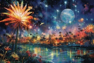 A night painting of an abstract ethereal semi - transparent irridecent tropical paradise at night in the style of Jane Crowther, rainbow lighting impressive skies