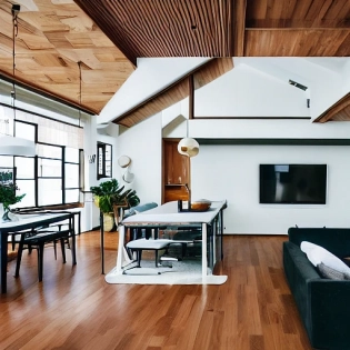 interior design, open plan, kitchen and living room, modular furniture with cotton textiles, wooden floor, high ceiling, large steel windows viewing a city, chukov Simon, no drags, freedom, Thailand