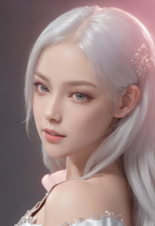 Hyper-realistic?Live-action photo?Stunning beauty?half-body shots?One wearing a pink metal mechanical skirt on a solid background?Silver-white shawl haired woman, 3 D rendering character art 8 K, Cyborg - Girl with white hair, beautiful female android!, beautiful female android, perfect android girl, beautiful android woman, smooth digital concept art, smooth 3d cg render,, sci - fi character, Beautiful robot character design?ssmile?largeeyes?The upper part of the body?cute delicate face, Extremely beautiful face, beautiful delicate face, Stunning anime face portrait, beautiful aesthetic face, Detailed beautiful face, girl cute-fine face, Realistic beautiful face, Beautiful realistic face, beautiful and realistic faces, girl with white eyes?Right shoulders?Blue has God's eyes?Ultra-delicate smooth skin?Asian face shape?Girl futuristic white and pink shiny metallic silver white long dress?Smile without showing your teeth?ssmile???????Purple pupils?largeeyes?Clear strands of hair?Show your upper body?Elongated arms?White skin of the?True ambient colors?20 years old young face?The eyes are crystal clear?Shorten the interpupillary distance?smiling at her lips?Happy expression?purple eyeshadow?Straight nose?rosy lips?Complete facial features?18-year-old girl?Erotic smile?A full-face photo of the front of the face?Bright surroundings?Dress conservatively?Smooth�skin?Shawl hair