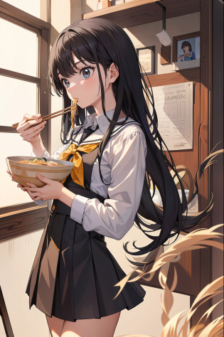 Masterpiece, top quality, (absurdity: 0.6), (Perfect Anatomy, One Beautiful Girl, Solo, Long Hair, School Uniform, Black Hair)), Table, Bowl Holding a Bowl with One Hand, (Girl eating ramen with chopsticks in her hands, holding a bowl of noodles in front of her: 1.3),