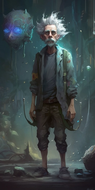 Full body portrait of Rick Sanchez, in the style of Don't Starve, epic, fantasy, intricate, hyper detailed, artstation, concept art, smooth, sharp focus, ray tracing --s 300 --q 5 --ar 1:2 --upbeta --v 5