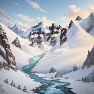 Painting of a mountain scene with a stream of water in the foreground, Snowy mountains, ice mountain, detailed scenic view , snowy mountain landscape, drawn in anime painter studio, snowy canyon at dawn, Snowy mountain background, made with anime painter studio, High hills, mountain scene, snow mountains, Anime landscape, icy mountains in the background