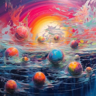 a make-believe world?The surrounding water floats in the air without the influence of gravity?Swirling ? vibrant colors?transparent? Passion and indifference? Repressed and contradictory emotional expression