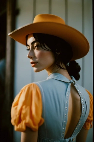 A 35mm photography of a woman wearing an open back blue sun dress and a cowboy hat. The dress is a sun dress with an open back::2 It may have been created by Nathalie Rattner, Tumblr style. The image could be inspired by the music of Rex Orange County and features an exposed back. The color palette used in the artwork is primarily cyan and orange. The style of the portrait may be reminiscent of an Ana de Armas portrait and could have been influenced by artists like Maxwell Boas and Jenny Seville. The location of the portrait is possibly in Texas, under the sun. The image may be in low resolution, but it still captures the summer vibrance of the year 2020. It is possible that the portrait was taken in San Francisco by Lily Frank and features azure and red tones. The aperture used in the photograph was f/2. Analog, photo grain --ar 2:3 --q 2