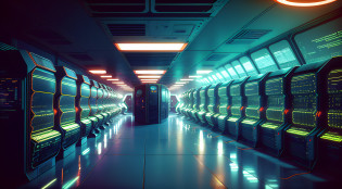 a dimly lit hallway with rows of data and computer screens, background is data server room, hacking into the mainframe, cyber space, in realistic data center, 3840x2160, 3840 x 2160, spaceship hallway background, cyber architecture, surreal cyberspace, in detailed data center