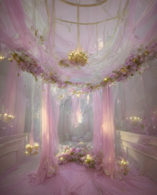 Close-up of a room with lots of flowers on the ceiling, fantastic atmosphere and drama, fantastic aesthetics, dreamy and detailed, very magical and dreamy, atmospheric beautiful details, neo-Rococo expressionist style, ethereal fairy tales, dreamy atmosphere, fantasy aesthetics! , fantastic scenes, fairy tale aesthetics, fantastic ethereal atmosphere, incredibly ethereal, beautiful aesthetics, ethereal and dreamy themes, rococo gorgeous style, pink yarn, lace, flower ground, blue light quality