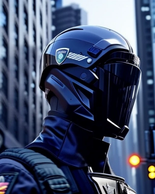realistic photograph of police nousr robot in modern city, cyberpunk, character design, detailed face, highly detailed, intricate details, symmetrical, smooth, digital 3d, hard surface, mechanical design, real-time, vfx, ultra hd, hdr