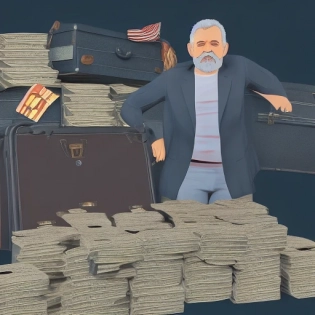 Photo of President Lula, with suitcases full of dollars, population starving cinematic lighting, mistreated, low angle, trending on artstation, 4k, hyperrealistic, focused, extreme details, unreal engine 5, cinematic, masterpiece, studio art ghibli, intricate artwork by john william turner