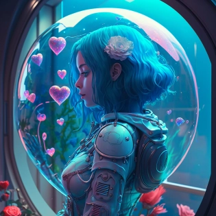 Spacecraft, heart-shaped decorations, roses, transparent walls, holographic display, cybernetic implants, stars, galaxy, rabbits, romantic, futuristic, warm, playful, advanced technology, unobstructed view, cozy, sleek design, far-off planets, alien landscapes, beauty adorable blue hair girl, cinematic light, radiant, 8k, 35mm f1. 4, fuji color film, without space uniform , hyper reallistic, --v 4