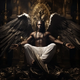 Ultra-Wide Angle - Pull the camera very far back from subject, photo of Angel Gabriel, perfect face, an exquisite portrait of Angel Gabriel in his celestial form, the image capturing his black flawless skin pores and detailed textures, HUGE FEATHERED WINGS, black man, african American, attired in traditional Arc-angel garb, perfect hands, the ambiance is peaceful and profoundly spiritual, the lighting casting an ethereal glow on his figure, photographic, the photograph is a stunning demonstration of photorealism, captured with a Sony Alpha 1 camera, 85mm lens, and f/1. 4 aperture, a shutter speed of 1/500, and ISO 100 film, the final image is in 8K UHD, with an array of muted and neutral tones